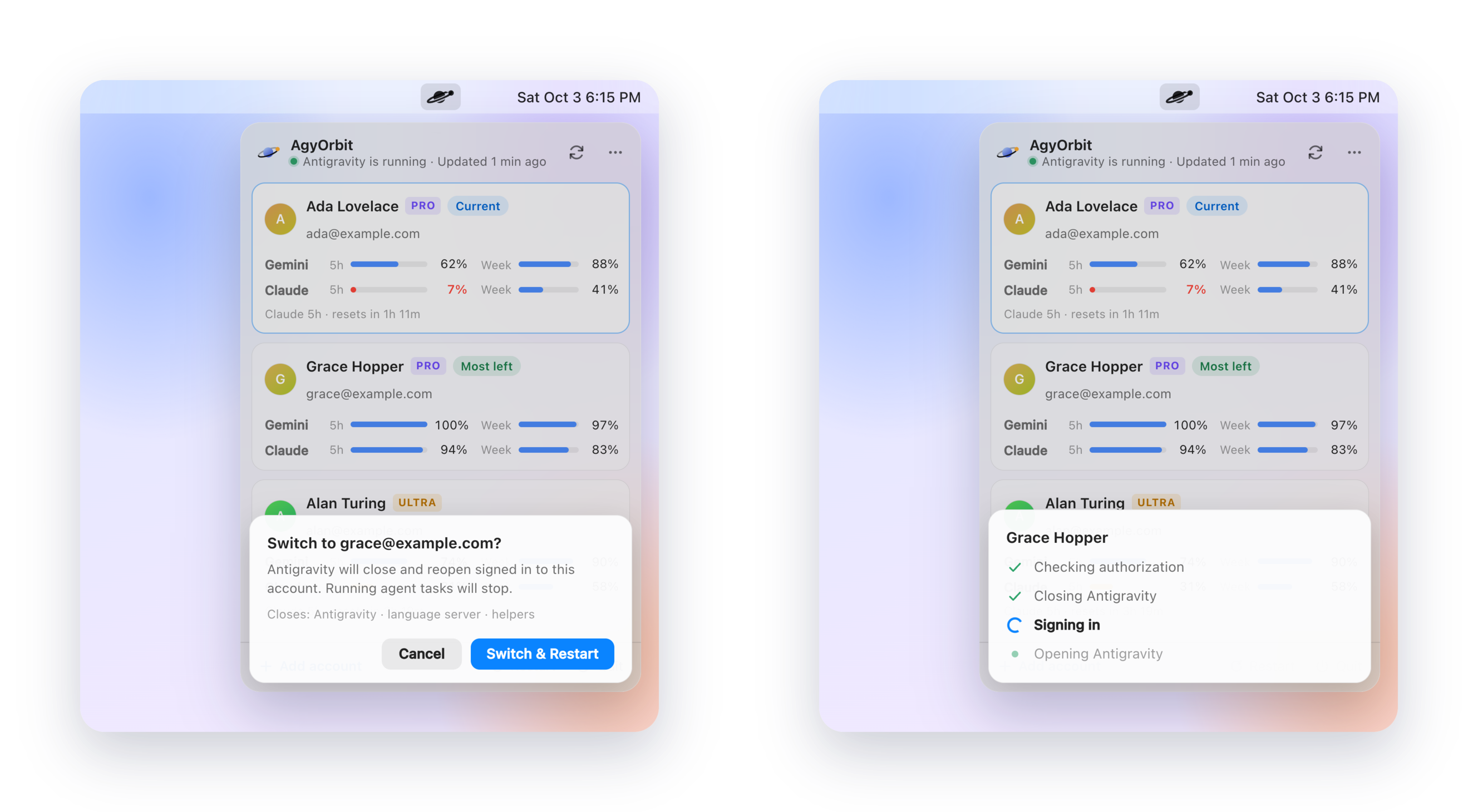 A confirmation sheet before switching, and the switch progress steps
